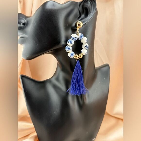 Handcrafted Porcelain Bead & Tassel Statement Earrings Antropologie - Picture 8 of 8